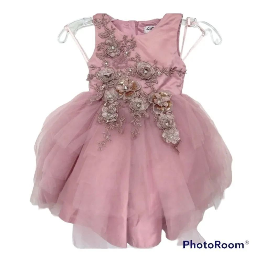 NEW Tip Top LOLA's Pink Short Layered Tulle Dress Sparkle Flower Appliques 2